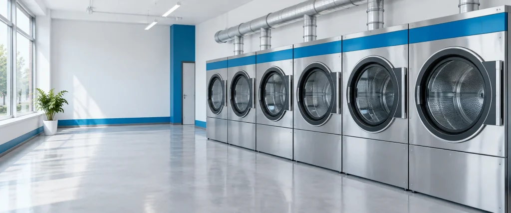 Clean commercial laundry with tumble dryers and tidy ducting.